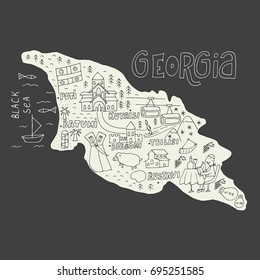 Unique hand drawn cartoon map of Georgia. Vector illustration.