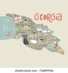 Unique hand drawn cartoon map of Georgia. Vector illustration.