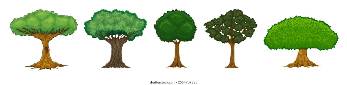 unique hand drawn cartoon tree illustration set