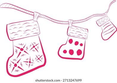 Elementos de Natal desenhados à mão única: Meias em um vetor de cordas