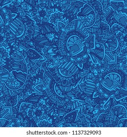 Unique hand drawn doodle ornamental curly cartoon floral abstract vector seamless pattern. Blue background wild tribal. Perfect for site backgrounds, wrapping paper and fabric design.