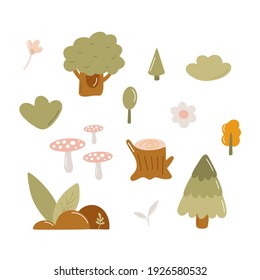 Unique hand drawn forest set. Trees, plants, flowers, mushrooms. Vector illustration.
