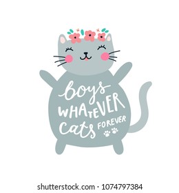 Unique hand drawn funny quote about boys and cats