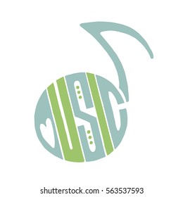 Unique hand drawn lettering conception for word music. Text fits into an abstract musical note. Light blue & green card. Can be used for different musical projects or in print and etc.