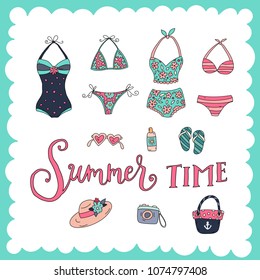 Unique hand drawn lettering: Summer time. Beach elements for greeting card, invitation, poster, T-shirt design.