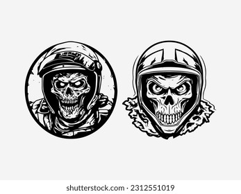 Unique hand drawn logo design featuring a skull zombie with a motorcycle biker helmet, representing rebellion, danger, and a fearless spirit