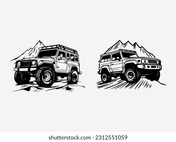 A unique hand drawn logo design featuring an off road car, capturing the spirit of exploration and off road adventures