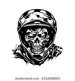 Unique hand drawn logo design featuring a skull zombie with a motorcycle biker helmet, representing rebellion, danger, and a fearless spirit