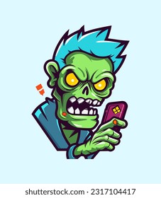 Unique hand drawn logo design featuring a zombie engrossed in phone gaming. Perfect for gaming enthusiasts