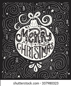 Unique Hand Drawn Merry Christmas Lettering In A Christmas Ball. Christmas Card Decoration Element. Vector Typography. Holiday Greeting Card Design.