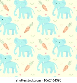 Unique hand drawn nursery birthday poster with elephants and carrot in cute doodle style. Vector illustration..