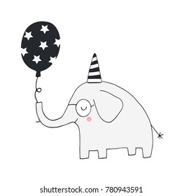 Unique hand drawn nursery birthday poster with elephant in scandinavian style. Vector illustration.