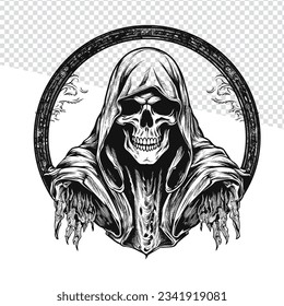 Unique Hand Drawn Reaper: Black and White Skull Illustration for Doodle Art and Transparent Background Designs