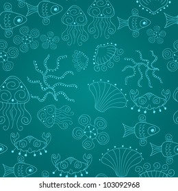 Unique hand drawn sea seamless pattern with fishes, shells, crabs and jellyfishes. Vector illustration. Can be used for wallpaper, pattern fills, web page background, surface textures.