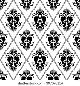 Unique hand drawn seamless damask pattern with baroque girl profile drawing and rhombus ornament. Luxury Art Deco wallpaper collection. Floral motifs, bohemian elements, royal lilies. Black and white.
