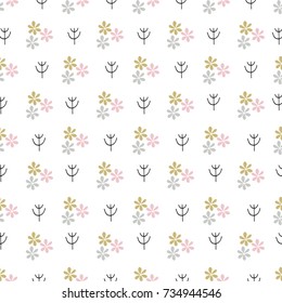 Unique hand drawn seamless pattern with floral elements. Vector illustration in monochrome scandinavian style.