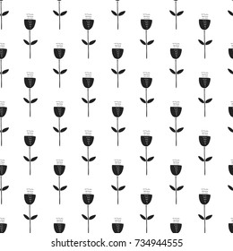 Unique hand drawn seamless pattern with floral elements. Vector illustration in monochrome scandinavian style.