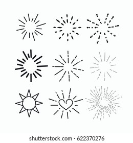 Unique hand drawn set line burst, sunburst, starburst isolated. Trendy graphic design elements. Vector illustration.