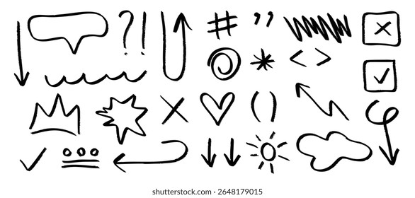 Unique hand drawn sketches of various symbols and icons