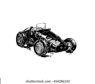 Unique hand drawn watercolor bolide car. Vector illustration. Sport art. Banner, poster, background, logo, label, logotype, postcard.