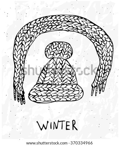 Unique hand drawn winter hat and scarf made in vector on white background. Modern winter postcard. New year card. Paper texture in vector

