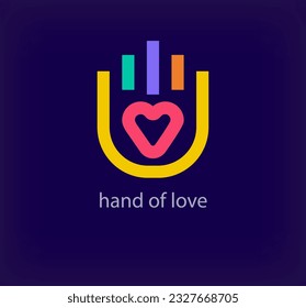 Unique hand in heart logo. Modern design color. Creative linear palm heart concept logo template. vector.