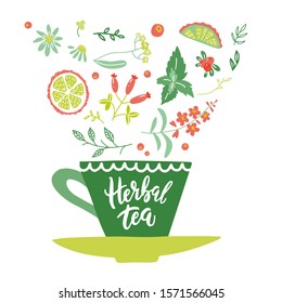 Unique hand lettering  Line drawing cup herbal tea   tea bag and herbs   berries in it  Hand drawn vector illustration  isolated   easy to use 