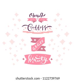 Unique hand written words about beauty theme with decorative elements. Lettering set for posters, postcards, banners. Vector illustration