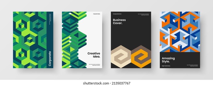 Unique handbill design vector illustration set. Original geometric hexagons book cover layout collection.