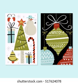 Unique handdrawn Christmas card template with Christmas tree, balls and snowman. Vector New Year card.