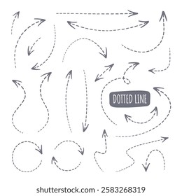 Unique hand-drawn dashed arrows bring creativity and originality to your projects. They are ideal for highlighting, navigation, and decorative accents. Vector image.