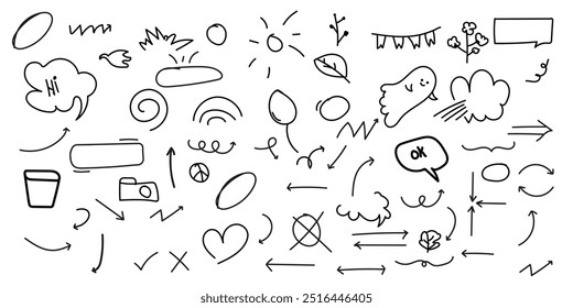 
Unique Hand-Drawn Doodle pen line Elements Camera, Arrows, anime mark, Clouds, Sun, Speech Bubbles, and Decorative Lines design for print