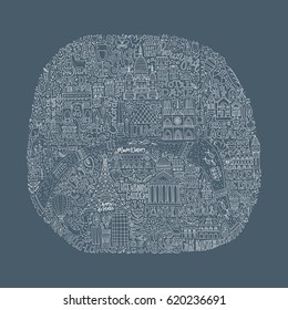 Unique handdrawn map of Paris with all main tourist attractions and lettering.