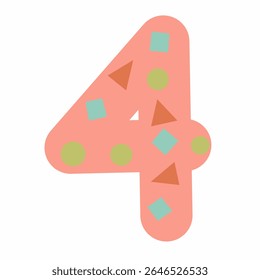 Unique hand-drawn number four filled with colorful geometric shapes like triangles and diamonds. Great for preschool materials and creative children's content.