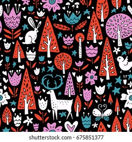 Unique handdrawn pattern with forest elements and wild animals. Cute freehand woodland texture.