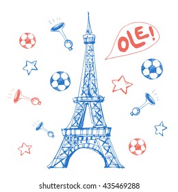 A unique hand-drawn soccer poster with the image of Eiffel Tower surrounded by soccer balls, fans horns, stars and the word "Ole!", isolated on white background. Vector illustration.