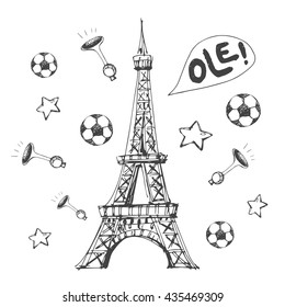 A unique hand-drawn soccer poster with the image of Eiffel Tower surrounded by soccer balls, fans horns, stars and the word "Ole!", isolated on transparent background. Vector illustration.