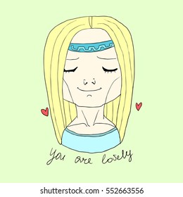 Unique handdrawn vector illustation You are Lovely, motivational postcard
