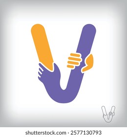 Unique handshake letter V design logo. Collaboration, help, agreement and teamwork corporate company design.	