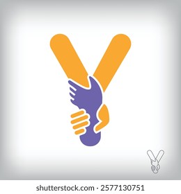 Unique handshake letter Y design logo. Collaboration, help, agreement and teamwork corporate company design.	