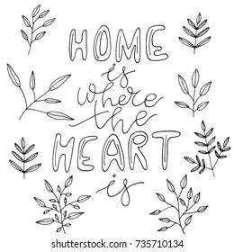A unique handwriting lettering with a quote - Home is where the heart is. Suitable for postcards, posters, cards, pictures, for design, T-shirts, as a template, for housewarming.