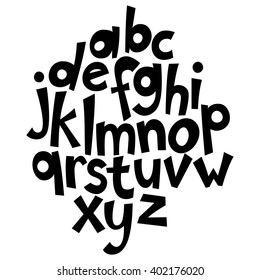 Unique handwritten font style, grunge lettering, kid ABC. Vector.