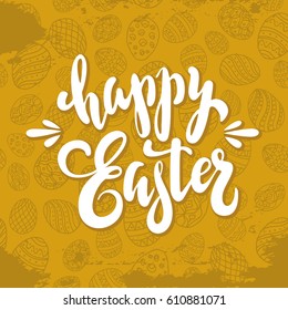 unique handwritten lettering Happy Easter on a gold background with eggs