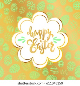 Unique handwritten lettering Happy Easter on a seamless gold background with eggs. Vector illustration for wallpaper, flyers, invitation, posters, brochure, discount voucher, banner.