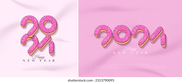 Unique happy new year with donut numbers. Design for happy new year 2024 celebration for donut company.