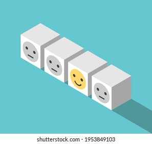 Unique happy smiling cube in row of unhappy indifferent ones. Positive thinking, joy, optimism and feedback concept. Flat design. EPS 8 vector illustration, no transparency, no gradients