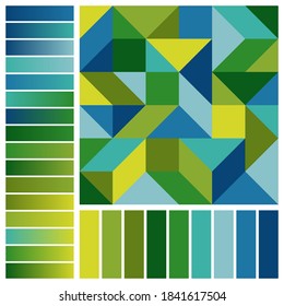 Unique Harmonious Color Palette with Geometric Composition and Blue, Green, Yellow Color Swatches and Gradients. Universal Colour Scheme for Inspiration.