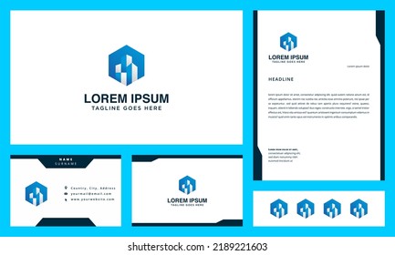 Unique Hexagon Building Logo Business Card And Letterhead Design Vector