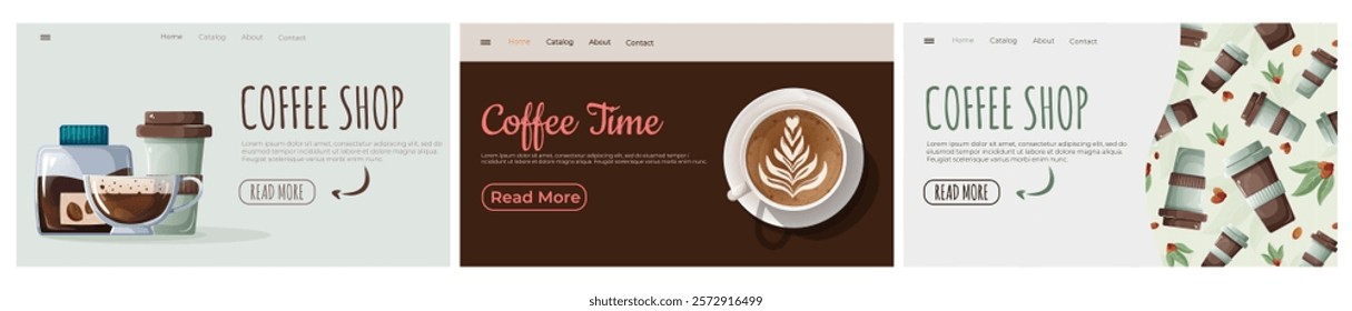 Unique homepage templates with soft tones and coffee-inspired details. Includes creative illustrations of hot beverages and coffee accessories, bringing warmth, elegance, and functionality 