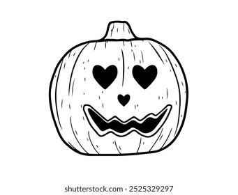 A unique horror pumpkin illustration that blends creepiness with cuteness. The pumpkin’s face is menacing with a wide grin and sharp teeth, but its eyes are heart-shaped in bright pink, giving a sweet